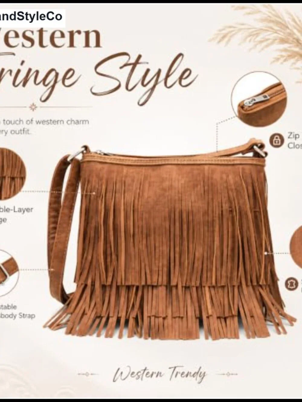 Western Fringe Crossbody Purse for Women with Adjustable Strap Vegan Leather